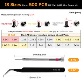 Lyeteung 500 PCS 18 Sizes M1.2/M1.4/M2 Tiny Micro Repair Screw Kit, Electronic Repair Micro Screws, Tiny Micro Screws Set, with Screwdriver and Tweezers, for Spectacles, Laptop, Watches, Black