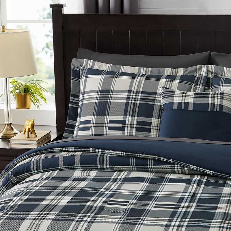MaiRêve Full Size Comforter Set Navy Blue, Plaid Design Comforter