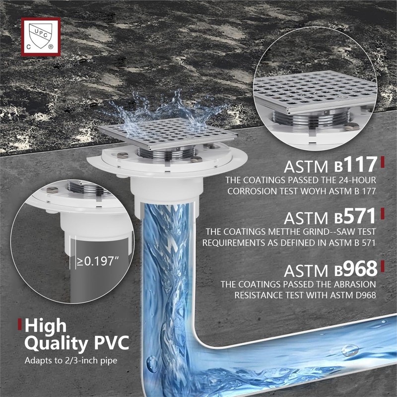 Uni-Green Chrome 4 Inch Square Shower Drain with PVC Flange
