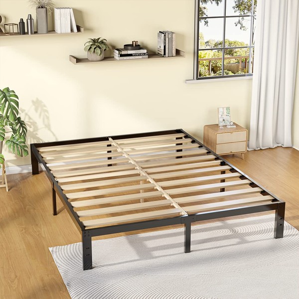 TATAGO 14 inch Queen Size Bed Frame, 3500lbs Load Heavy Duty Metal Platform, Mattress Foundation with Wooden Slats, Anti-Slip, Noise Free and No Box Spring Needed