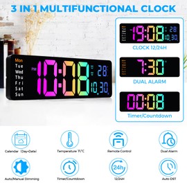 Sukeen Digital Wall Clock, 13" Digital Clock Wall Clock Digital Alarm Clock with Remote Control/Count Up & Down/10-Level Dimming/Dual Alarm/Date/Temperature for Home, Gym, Office, Garage-Colorful