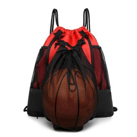 STAY GENT Drawstring Basketball Backpack for Boys & Girls, Soccer Foldable Football Volleyball Bag Sackpack Sports Sack with Detachable Ball Mesh Bag for Gym Baseball Yoga, Red