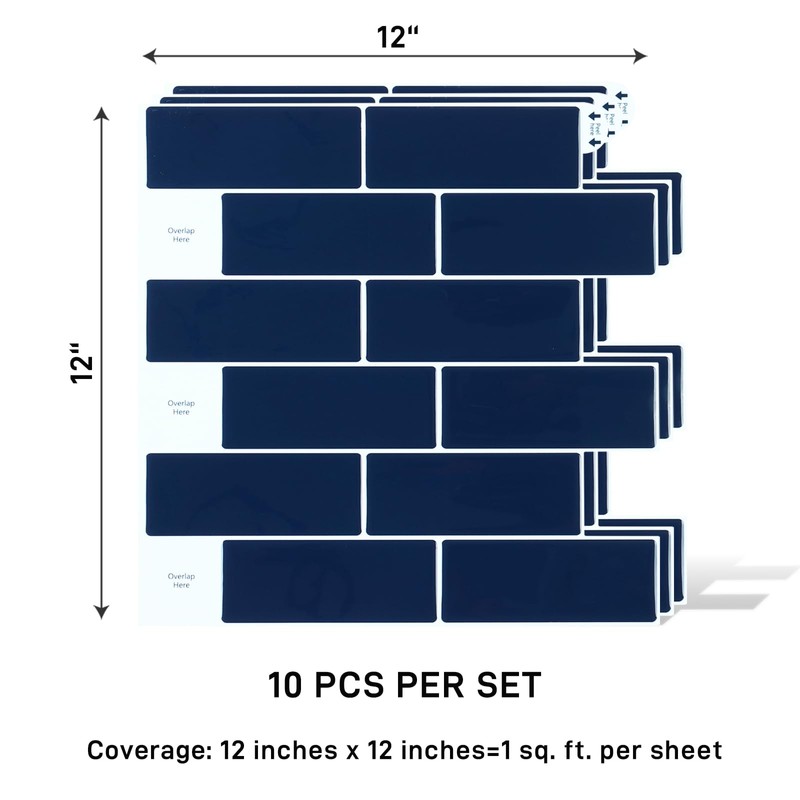 VaryPaper 10 Sheets Navy Blue Subway Tile Peel and Stick