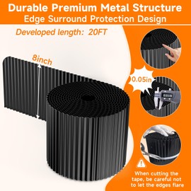 Corrugated Garden Edging,8"×20Ft Galvanized Steel Landscape Edging & Lawn Edging Border,Metal Garden Border for Flower Beds,Garden,Lawn,Raised Beds & Tree Surrounds(Black)