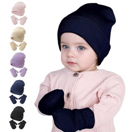 Baby Winter Knitted Hat Mittens Set Kids Warm Beanie Hat with Gloves Children Autumn Winter Thermal Cap Skiing Hat Anti Scratch Gloves Boys Girls Outdoor Sports Skull Cap Gloves Set for 2-5Y Toddler