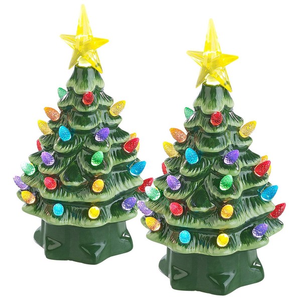 infactory Christmas Decorations: 2 Decorative Ceramic Christmas Trees with LED Lighting, Timer, 19 cm (Decorative Christmas Tree with Light, Decorative Christmas Tree Illuminated, Wireless Christmas