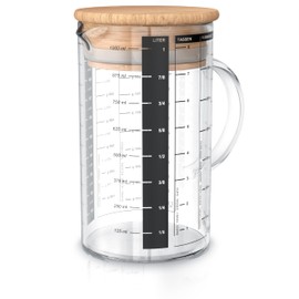 Arendo - 1l Glasbehälter aus Borosilikatglas - 1 Liter Messbecher Glas Krug – präzise Skala – hitzebeständig – Mikrowellen geeignet – Glasbehälter mit Bambusdeckel - Silikondichtung