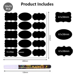 Vekol Chalkboard Labels, 12 Sheets 180 Waterproof Reusable Chalk Sticker Labels for Food Containers, Includes Erasable Liquid Chalk Marker for Mason Jars, Home Kitchen Storage