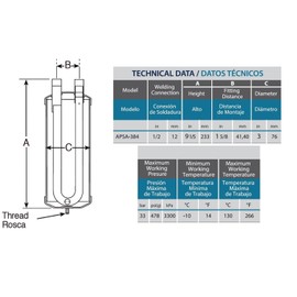 Appli Parts APSA-384 1/2 in Suction Line Accumulator for Refrigeration systems R22,R134a,R404A,R507 Maximum pressure 478 psi Temperature between 14 F and 266 F