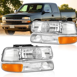 Aresparts Headlights Assembly For 1999-2002 Chevy Silverado 1500 2500 3500 For 2000-2006 Suburban For 2001-2006 Chevy Tahoe with Bumper Lights Headlights Assembly Chrome Housing Clear (Chrome+Amber)