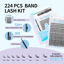 LinShow Lash Clusters Kit 224 PCS Mix 9-16mm Volume Soft Natural Cluster Lashes DIY Individual Eyelash Extensions Kit With Seal Bond Remover Easy Self Application (A08, D Curl Mix 9-16mm)