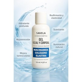 Gel Facial y corporal, Niacinamida, Colágeno y Elastina 125ml. Hidratante, Unificación tono de piel, Luminosidad, Piel tendencia grasa, Post Peeling.
