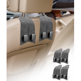 MOBIKEY Car Hooks for Headrest, Purse Hook for Car, Car Seat Hooks Purse Hanger for Car 100% Metal & Premium Leather 2025 Latest Car Organization Accessories for Bags, Purses, Phones etc (Grey 4Pcs)