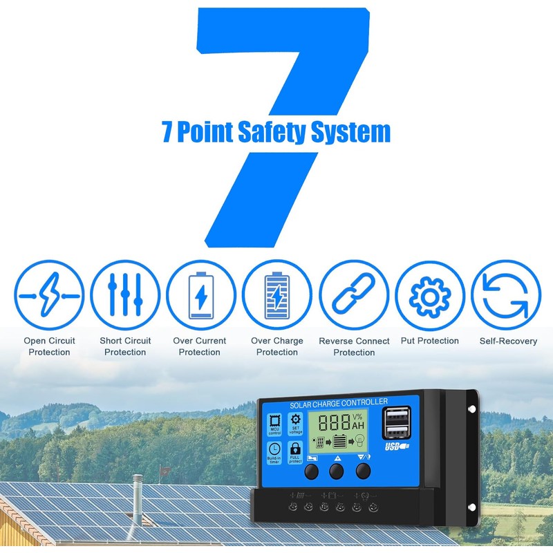 30A PWM Solar Charge Controller, 12V 24V Dual USB Solar