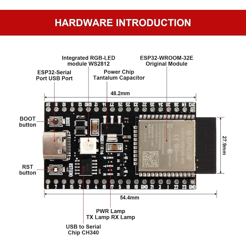 SDATEKIT 2Pcs ESP32-DevKitC-32E Development Board for IoT Smart Home/Industrial Control,