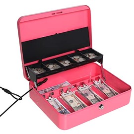 Jssmst Large Locking Cash Box with Money Tray, Lock Box with Security Cable Metal Money Box with Key Lock, Pink