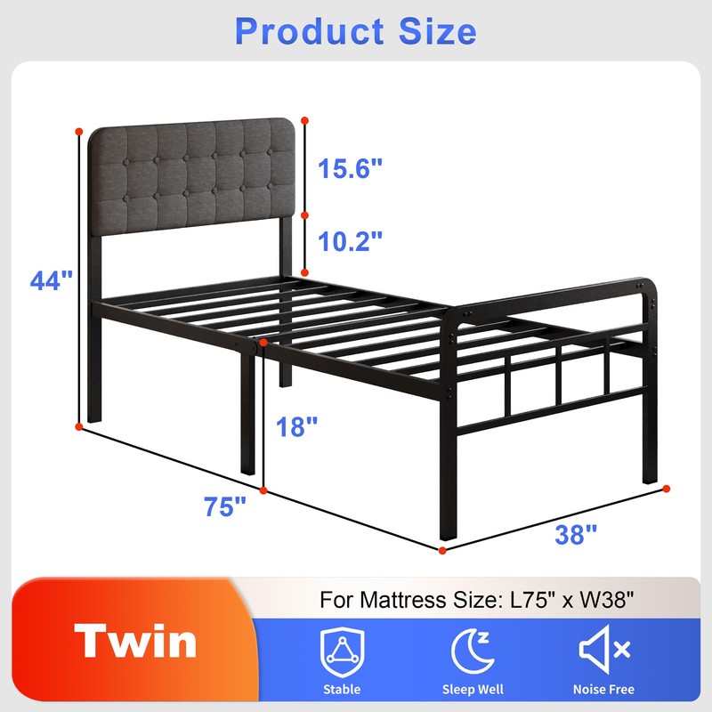 Fly-CTsoar 18 Inch Twin Bed Frame with Upholstered Headboard and