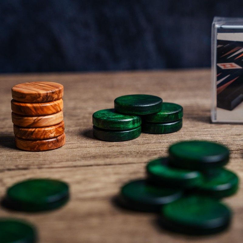 Luxury Manopoulos Olive Wood 36mm Backgammon Checkers - Green and