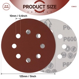 Sruhrak Sanding Discs 125 mm Velcro 8 Hole 600 Grit Sanding Discs Set for Bosch Random Orbital Sander Pack of 100