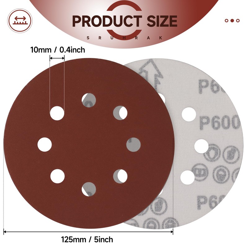 Sruhrak Sanding Discs 125 mm Velcro 8 Hole 600 Grit