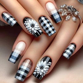 24 Pcs Checkered Press on Nails Medium Square WLGDLH Fake Nails Nude False Nails Press Ons With White Flowers Designs Glossy Nail Tips Full Cover Acrylic Nail Kit for Women Manicure