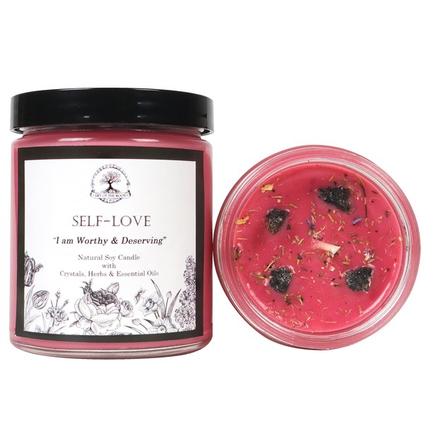 Self Love Affirmation Candle | 9 oz Natural Soy Wax | Pink Thulite Crystals,Herbs & Essential Oils | Acceptance, Self-Worth, & Forgiveness Rituals | Wiccan, Pagan, Metaphysical