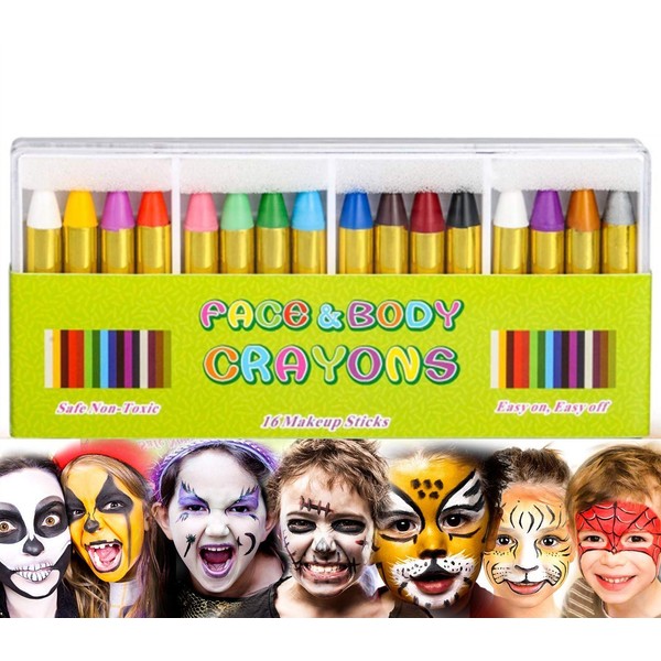 Rmeet Face Paint Crayons,16 Pack Face and Body Painting Crayon Kits Non-Toxic Face Paint Sticks for Kids Children Halloween Makeup Party Play Safe for Sensitive Skin