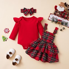 Geagodelia Baby Girl Christmas Outfit Reindeer Suspender Tartan Skirt + Long Sleeve Bodysuit + Headband Newborn My First Christmas Dress Clothes Set (102502#Red, 12-18 Months)