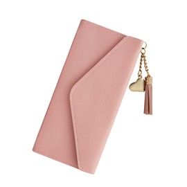 AfitLulu Trifold Wallet for Women, Women's Wallets with Heart Pendant Tassel, PU Leather Long Slim Women’s Wallet Clutch Card Holder, Coin Slot (Pink)