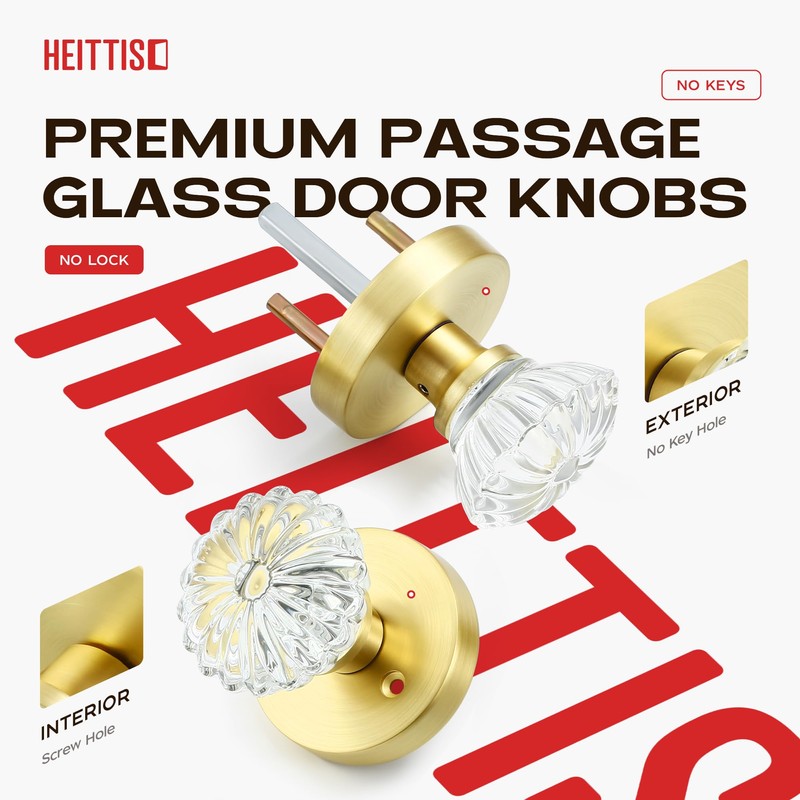 Heittis1 Pack Crystal Door Knobs Interior,Round Passage Glass Door Knob