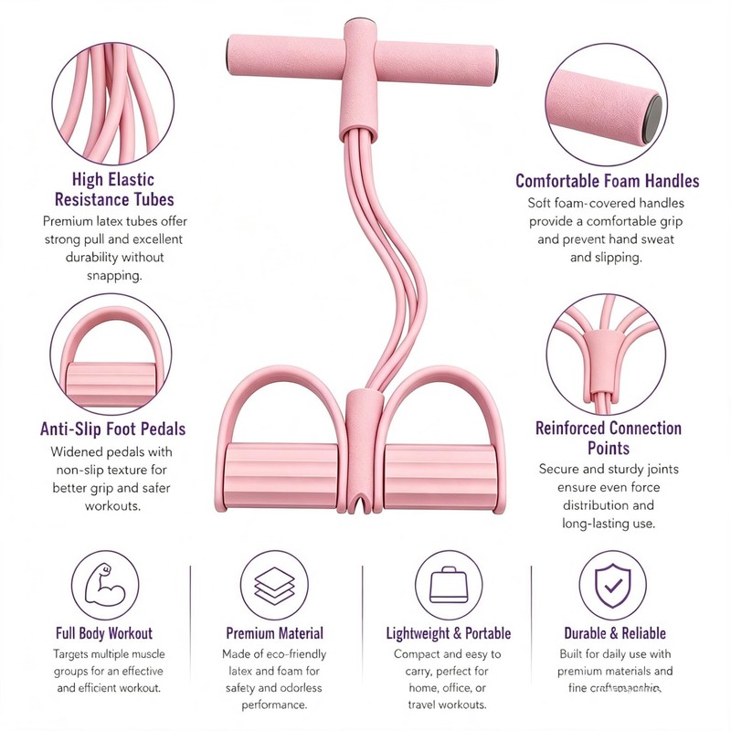 6-tube Pedal Resistance Bands with Handle，Sit-Up Training Equipment(pink)