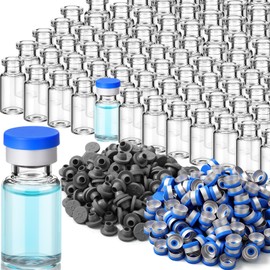 BrightRow 100 Pack 3ml Sterile Empty Vials with Self Healing Injection Port Clear Glass Empty Vials with Plastic-aluminum Flip Caps and Rubber Injection Stoppers Flat Bottom Lab Vial (Blue)