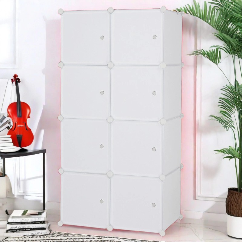 4-Tier Closet Storage Cabinet - White, 8-Cube, Hanging Rod &