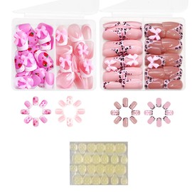 96 unghie finte da incollare per adolescenti, graziosi fiocchi, unghie finte da incollare, con pellicole in gel, design per unghie per adolescenti, feste, matrimoni, ragazze (rosa)