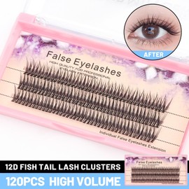 BODERMINCER 8-16mm to Choose Fish Tail Design 120pcs Thickness 0.1mm C Curl 12 Root Women Lady Individual Black False Eyelash Cluster Eye Lashes Extension Tools (8mm)