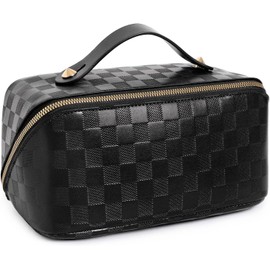 BIVIZKU Large Capacity Makeup Bags Portable Travel Cosmetic Bags Open-Flat Toiletry Waterproof Bag for Women Gift Make up Organizer with Divider and Handle Pouch Zipper Bag (A-Black)