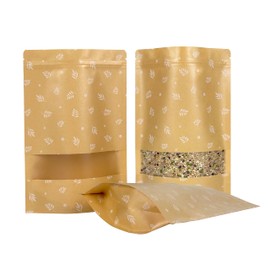 100PCS Stand Up Pouches with Window, Kraft Ziplock Pouch bags, 7"x 10.2", Reusable Stand Up Bags, Resealable & Heat Sealable Odor Free Food Storage Bag, Packaging for Small Business & Home Use [LEAF]