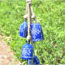 Vivanta Hand-Painted Christmas Bell Wind Chime 25”– 5 Hanging Metal Witch Cow Bells Floral Design – Outdoor & Indoor Rustic Decor for Garden, Patio, Porch, Balcony, Entryway, Farmhouse,Gift (Sky Blue)