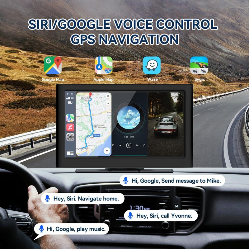 7” Wireless Carplay &Android Auto IPS Touch Screen, Portable Car