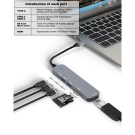 USB C Hub Adapter 6 in 1, USB C Docking Station Multiport Splitter with HDMI, PD 100W, USB 3.0/2.0, SD/TF, USB 3.0 Hub 5Gbps USB 6-Port Docking Station, Suitable for MacBook Pro Air, Surface Pro
