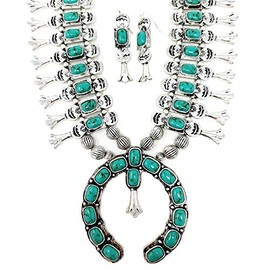 Emulily Chunky Western Squash Blossom Statement Necklace and Earrings Set Navajo (Turquoise)
