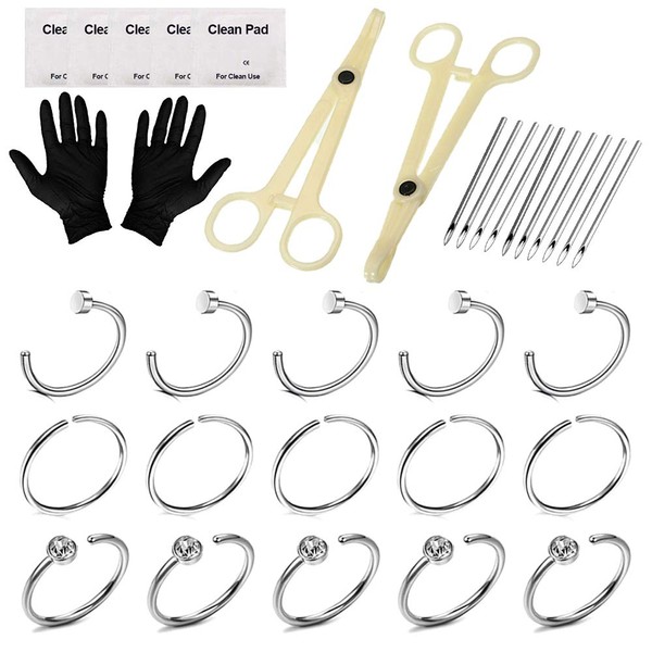Piercing Kit - Autdor 34Pcs Professional Ear Nose Piercing Kit Includes Piercing Jewelry Piercing Needles 18G 20G Piercing Clamps Nose Ring Nose Nail Ear Ring Studs Body Piercing Hoops