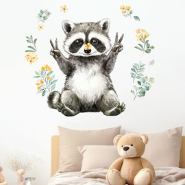 Yovkky Lovely Raccoon Wall Decals Stickers, Woodland Animals Flower Leaves Toddler Baby Nursery Decor, Forest Home Decorations Kids Bedroom Playing Room Classroom Art