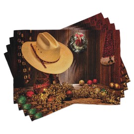 Ambesonne Western Place Mats Set of 8, Farmhouse with Christmas Celebrations with Wreath Americana Style Image Print, Washable Fabric Placemats for Dining Table, Placemat 8 pcs, Brown Cream