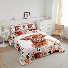 Feelyou Cute Highland Cow Comforter Set Queen Size Kids Cartoon Animal Comforter for Boys Girls Teens Flower Floral Print Bedding Set Farm Zoo Garden Theme Duvet Set Room Decor