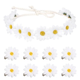 1PC White Flower Crown Headband and 8PCS Daisy Hair Clips for Hair Hippie Sunflower Floral Headbands for Women Girls Small Flowers Hair Clip Bride Wedding Bridesmaid Hair Accessories, 9 Packs