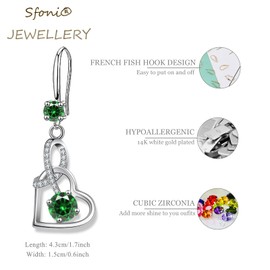 Drop Earrings for Women, Hypoallergenic Silver Dangly Earrings with Cubic Zirconia Twisted Linear Infinity Love Earrings Birthstone Jewellery Gifts for Her Birthday Anniversary Christmas, Green Stone