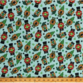 Cotton St. Patrick's Day Gnomes Shamrocks Clovers Irish Lucky Green Cotton Fabric Print by The Yard (D563.65)