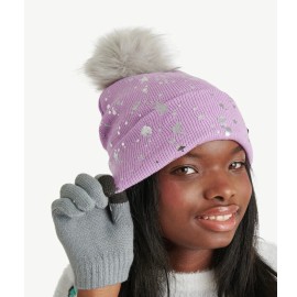Justice Girls Splatter Foil Print Beanie and Gloves 2-Piece Set, Purple NEW