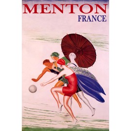 WONDERFULITEMS Menton France Summer Beach Happy Women Playing Ball Sun Umbrella Travel 16" x 24" Image Size Vintage Poster repro on Matte Paper. We Have Other Sizes